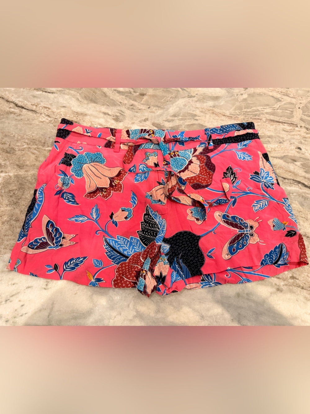 LOFT Pink Floral Butterfly Tie Waist Shorts Size 6 Tropical Resort Rayon - Picture 1 of 8